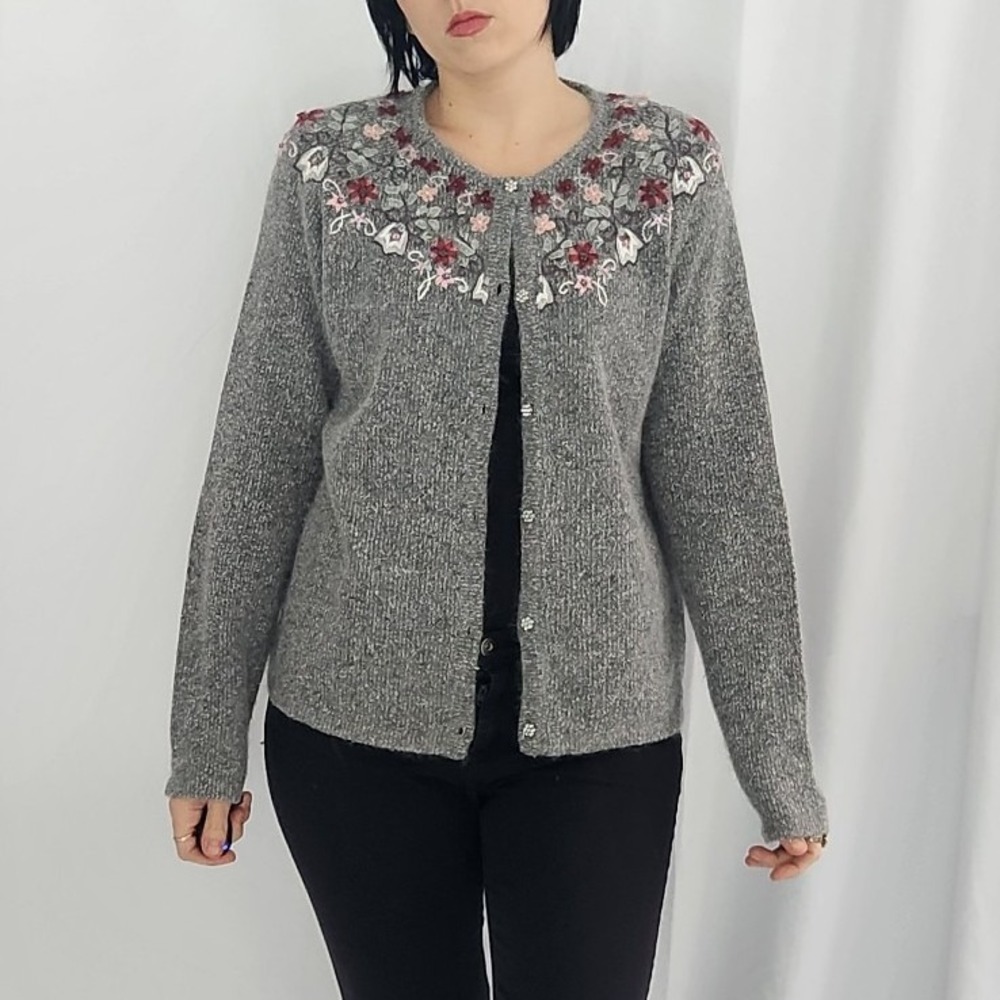 Dressbarn Gray and Pink Silk, Nylon, and Angora Cardigan